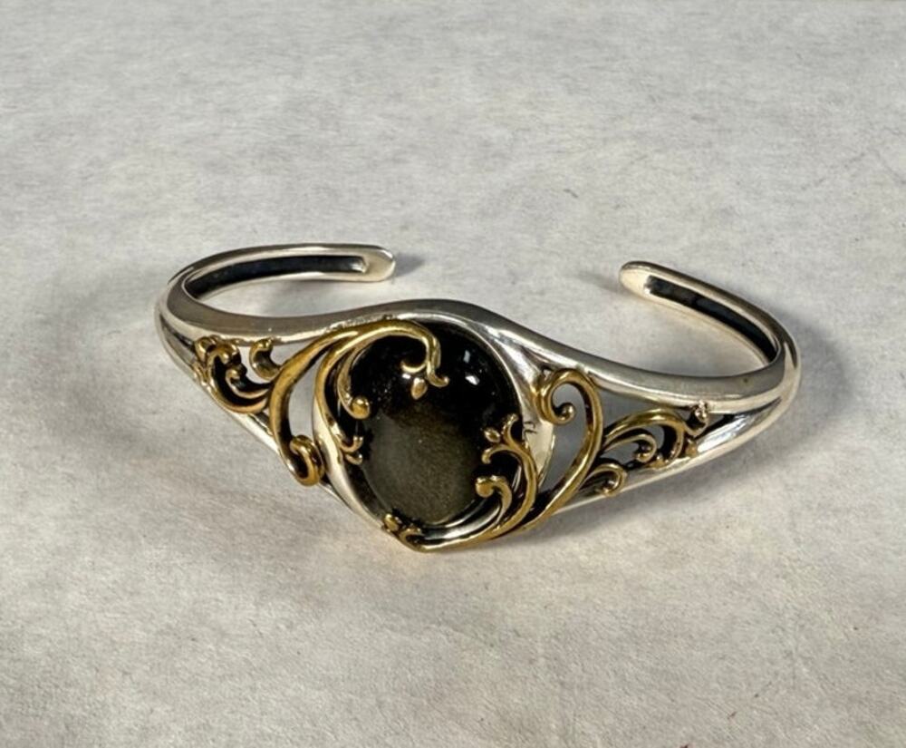 Carolyn Pollack Sterling Silver Brass Gold Sheen Obsidian Cuff Bracelet 925
